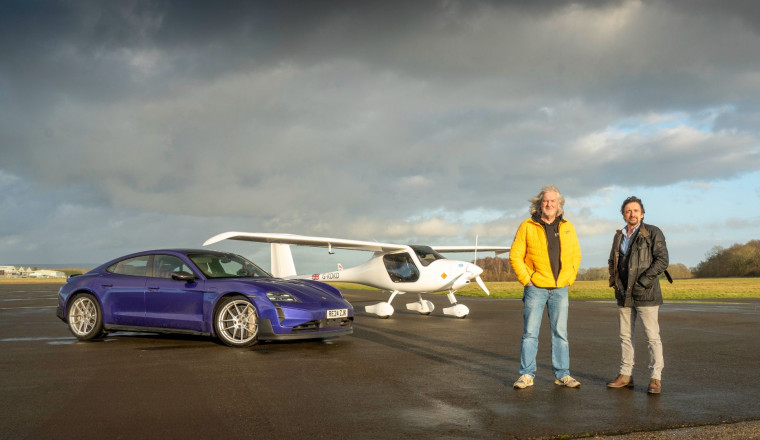 Hammond and May race electric plane in ultimate Porsche Taycan