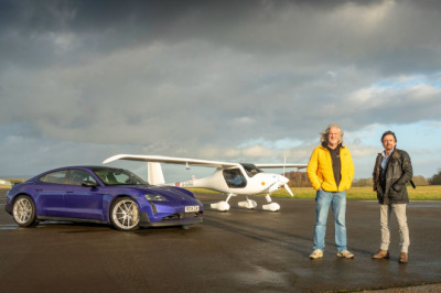 Hammond and May race electric plane in ultimate Porsche Taycan