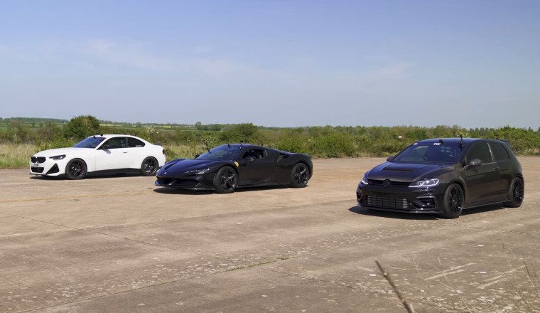 Ferrari SF90 Drag Races a Modified Volkswagen Golf R and BMW M240i
