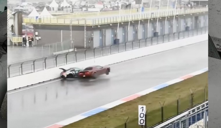 Dodge Challenger Destroys Porsche 911 GT3 RS in Rainy Track Day Crash