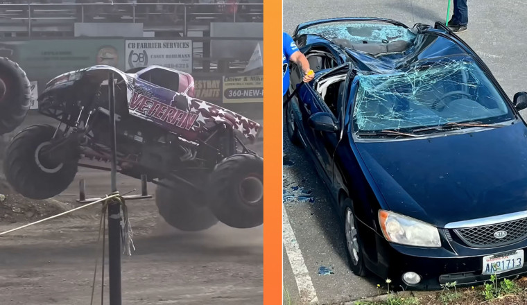 Monster Truck Show Turns Terrifying When Stray Tire Crushes Spectator’s Kia
