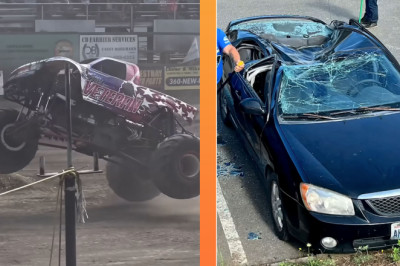 Monster Truck Show Turns Terrifying When Stray Tire Crushes Spectator’s Kia