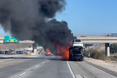 Semi Loaded With Teslas Erupts In Flames On California Freeway, Shuts Down I-5 For Hours