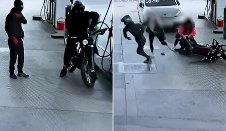 Moment undercover officers take down masked thieves who stole an off-road motorcycle as they stopped at a petrol station for fuel