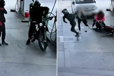Moment undercover officers take down masked thieves who stole an off-road motorcycle as they stopped at a petrol station for fuel