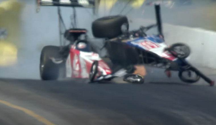 NHRA Top Fuel Cars Crash After 335-MPH Run, Slamming Tony Stewart on His Side