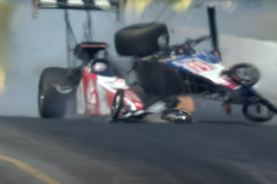 NHRA Top Fuel Cars Crash After 335-MPH Run, Slamming Tony Stewart on His Side