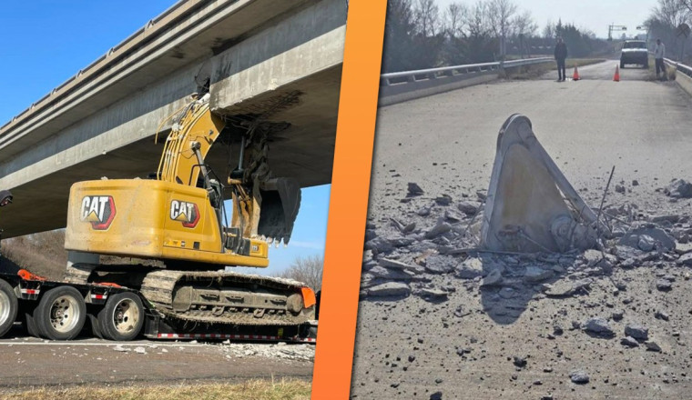 Excavator in Transport Hits Bridge So Hard the Arm Punches Through the Road Above