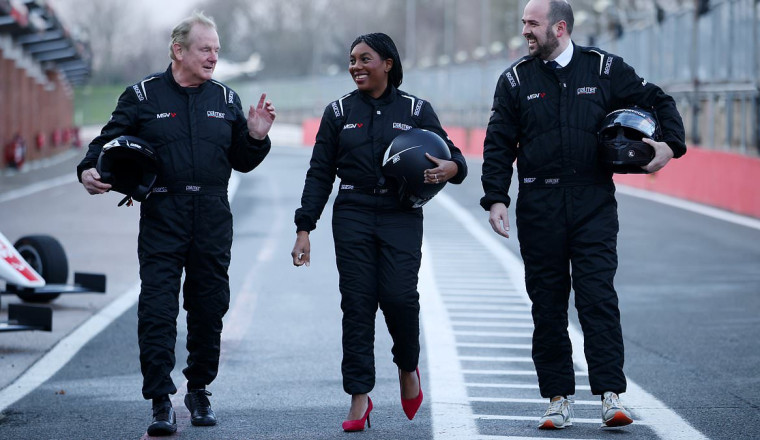 Nice set of heels, Kemi! Badenoch tries out racing cars at Brands Hatch as she vows to scrap grants for electric cars to save £3.8bn