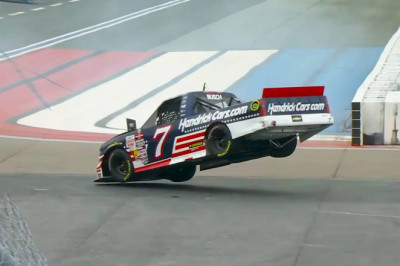 Corey Day goes airborne driving Kyle Busch’s NASCAR truck (Video)